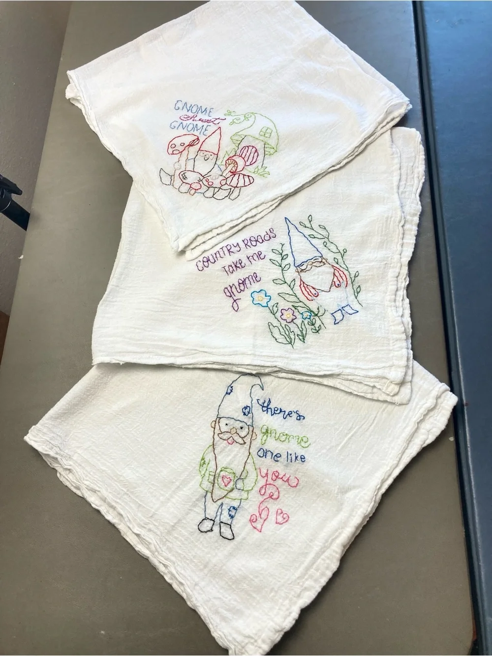 Hand-Embroidered Whimsical Gnome Flour Sack Kitchen Dish Towels - Set of 3